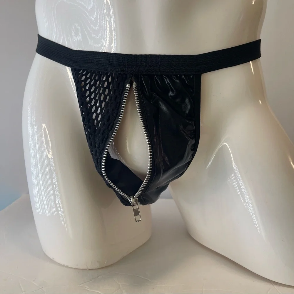 Thong G-String Black Medium Mens Zipper Front Reveal New With Tags